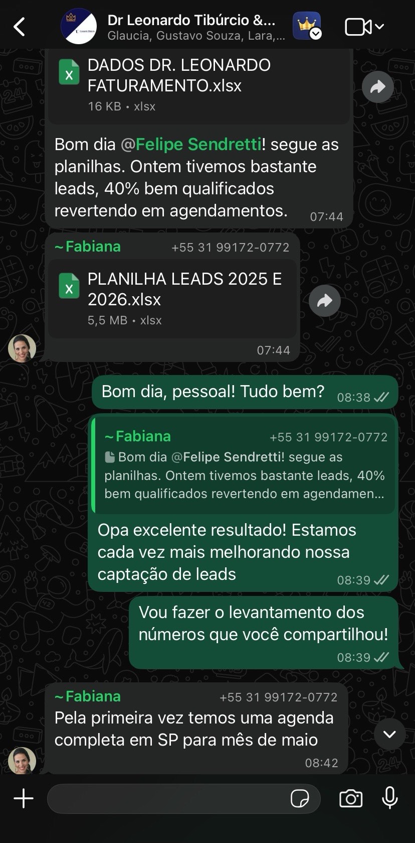 Conversa no WhatsApp: equipe do Dr. Leonardo relata agenda completa em SP para o mês de maio