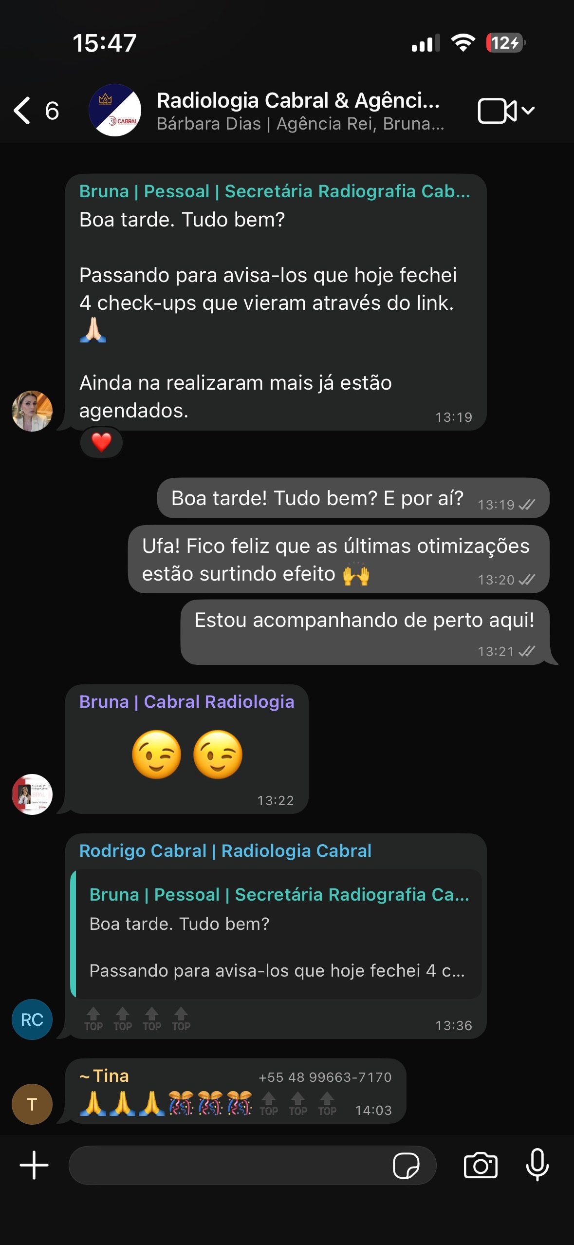 Conversa no WhatsApp: secretária da Radiologia Cabral relata 4 check-ups fechados vindos do link